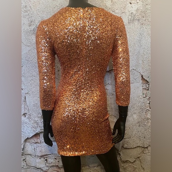 ASOS Rose Gold Sequin Mini Dress Long Sleeve Bodycon Party Cocktail Medium - Picture 5 of 15